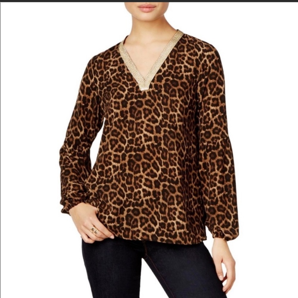 Michael Kors Animal Print V Neck Tunic w/ Gold Trim - Size X-Large